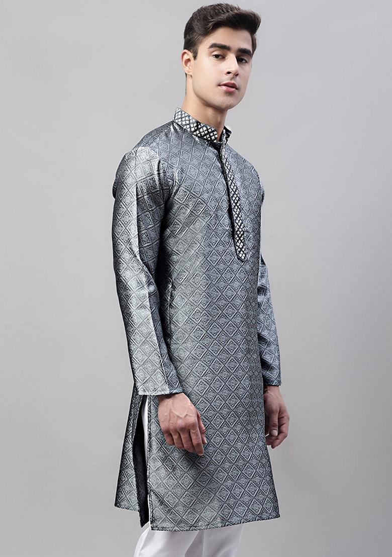 Grey Woven Design Cotton Kurta For Men - Indya