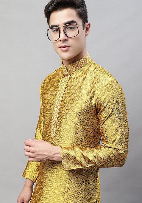 Mustard Woven Design Cotton Kurta For Men