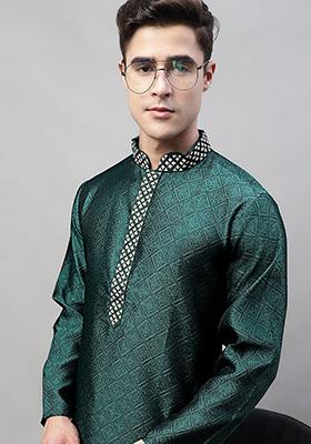 Olive Woven Design Cotton Kurta For Men