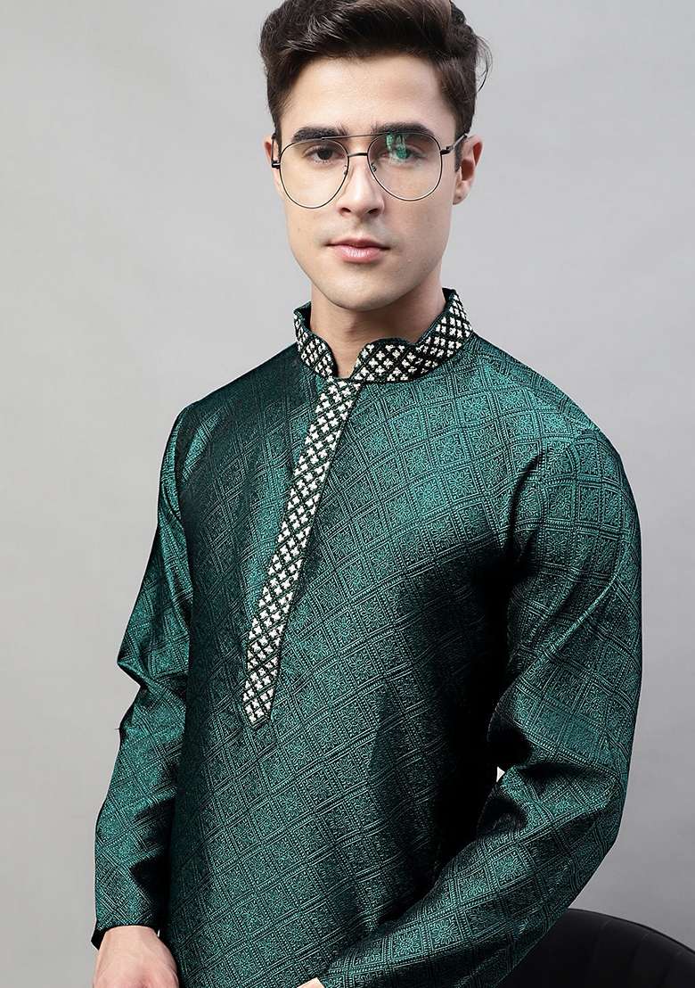 Olive Woven Design Cotton Kurta For Men - Indya