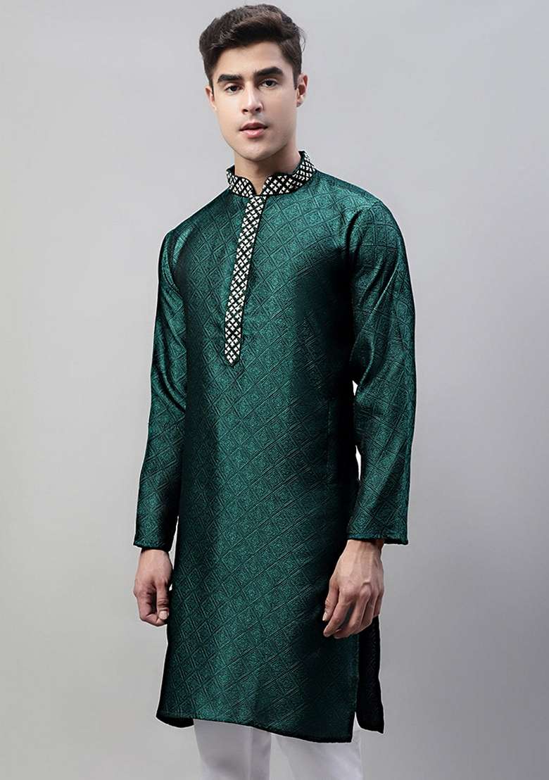 Olive Woven Design Cotton Kurta For Men - Indya