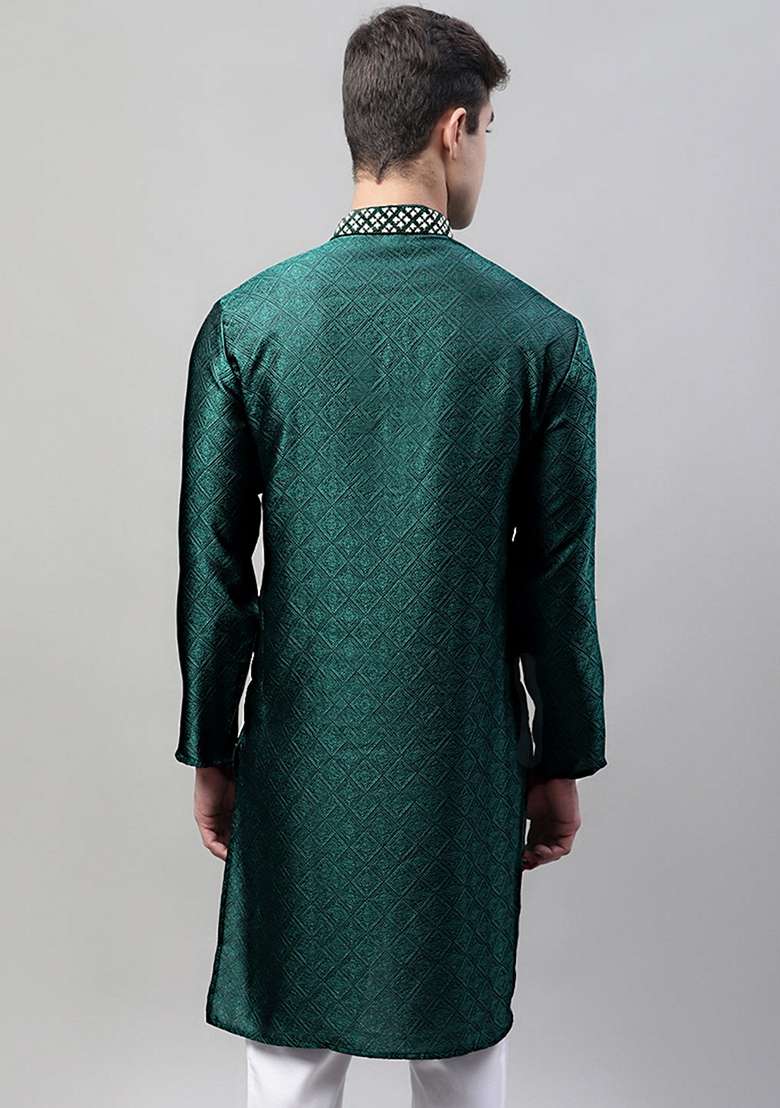 Olive Woven Design Cotton Kurta For Men - Indya