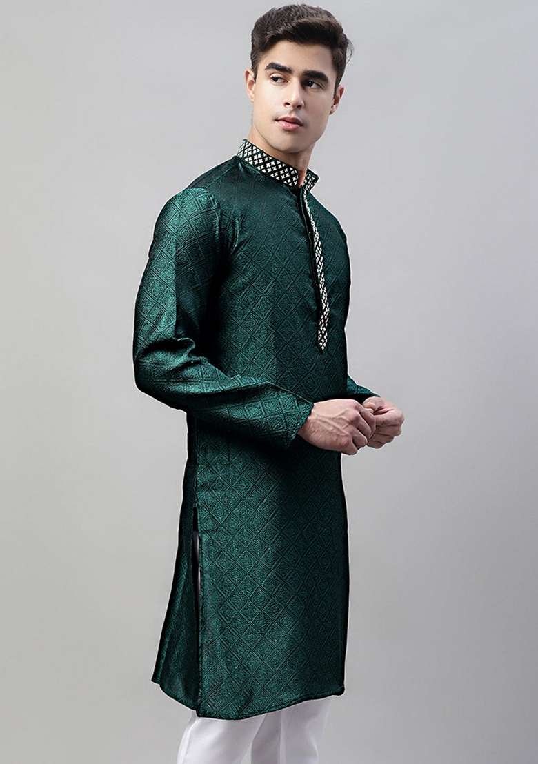 Olive Woven Design Cotton Kurta For Men - Indya