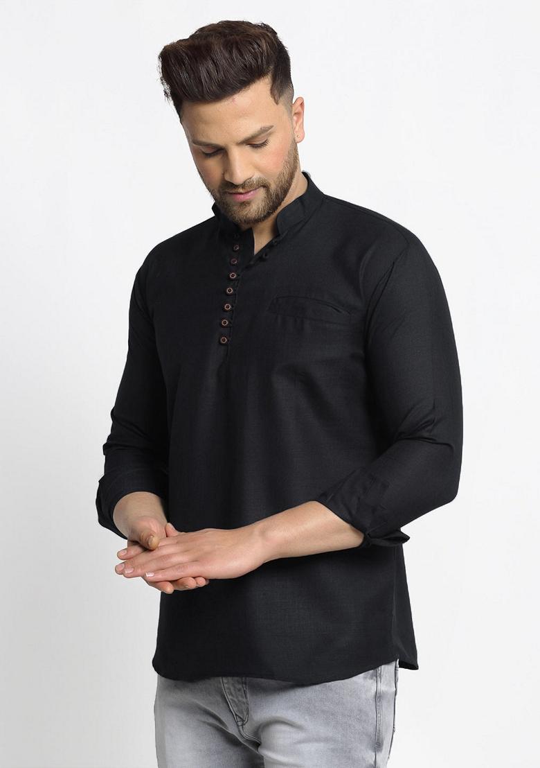 Black Cotton Kurta For Men - Indya