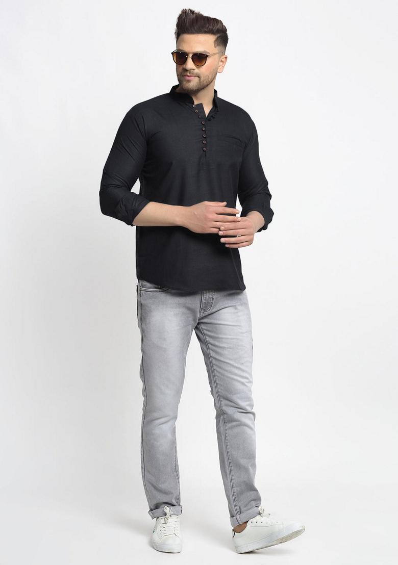 Black Cotton Kurta For Men - Indya