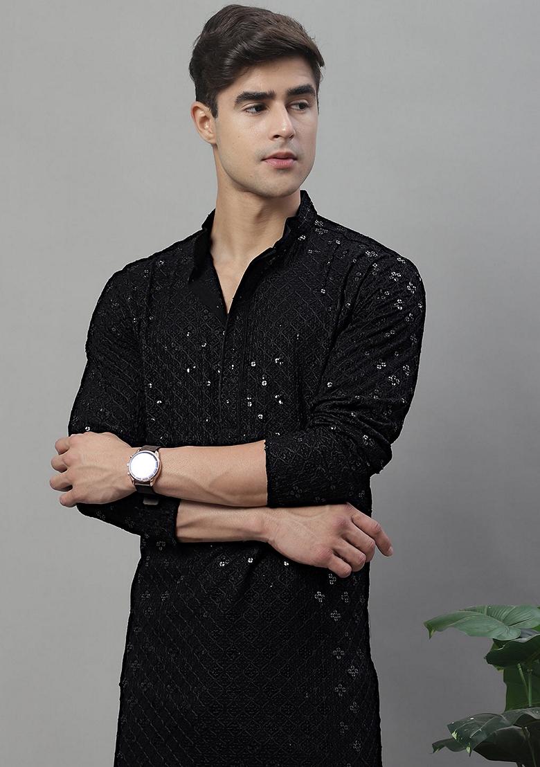 Black Embroidered Rayon Kurta For Men