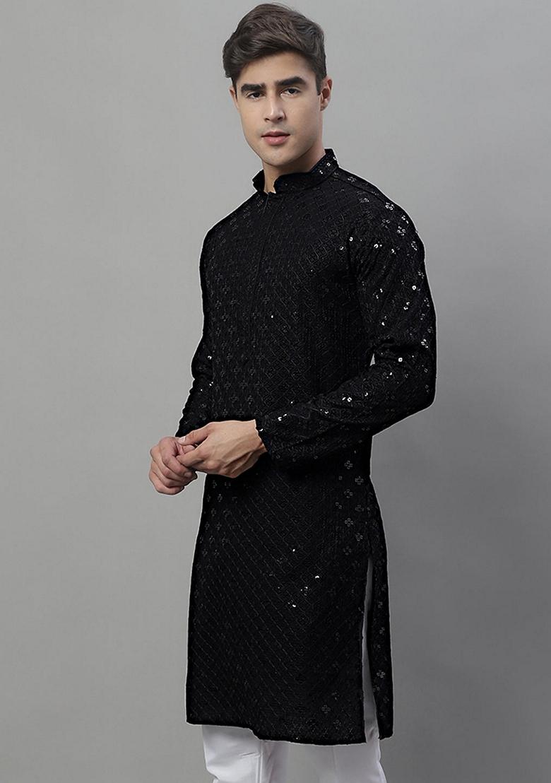 Black Embroidered Rayon Kurta For Men - Indya