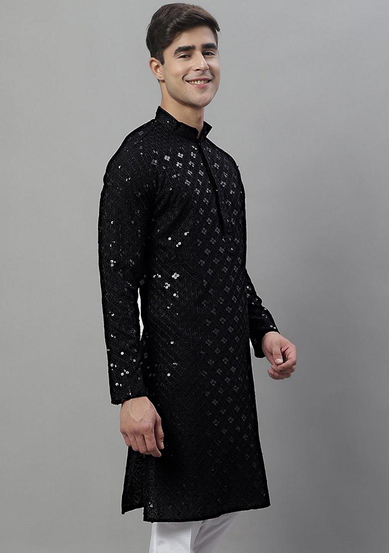 Black Embroidered Rayon Kurta For Men - Indya