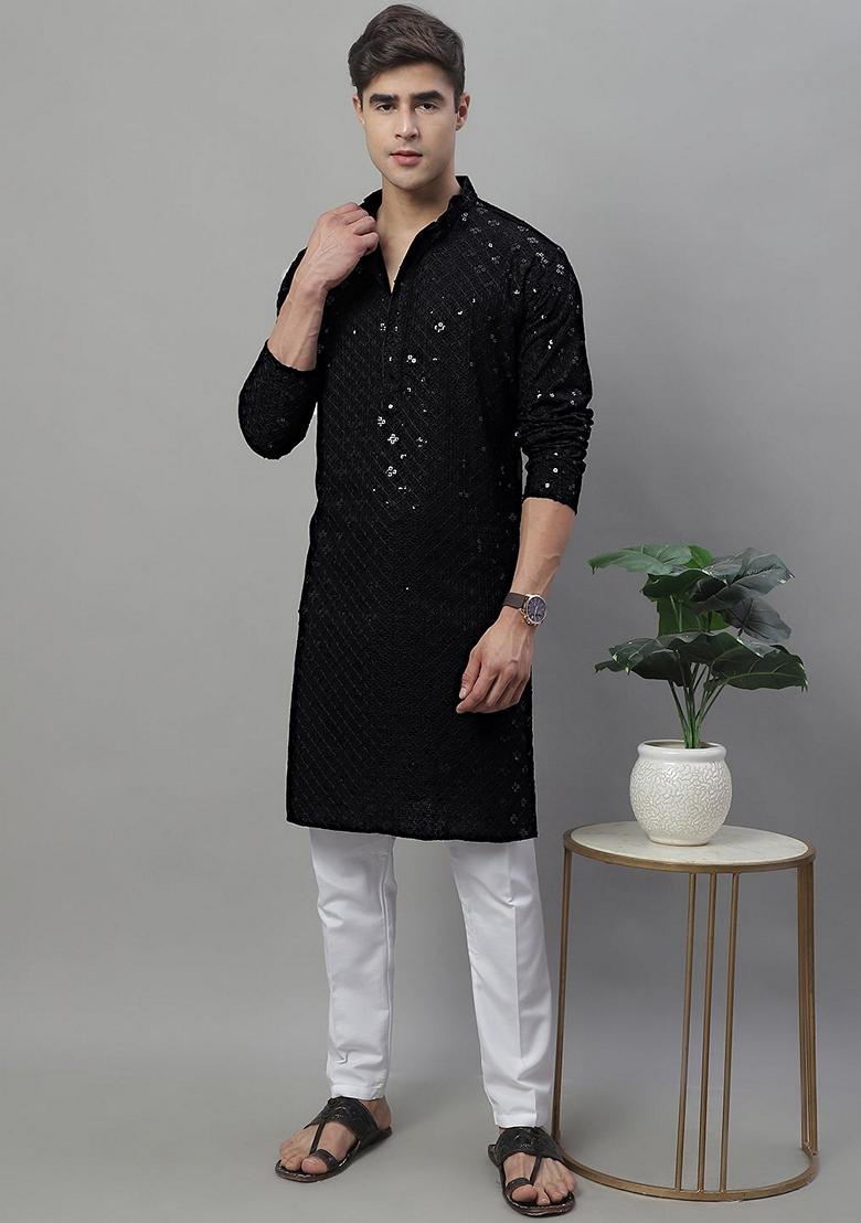 Black Embroidered Rayon Kurta For Men