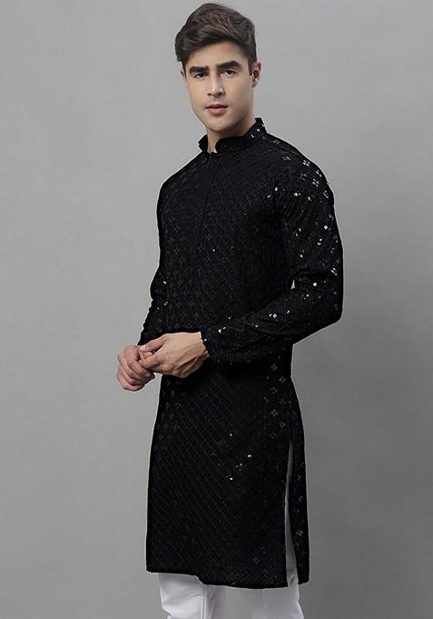 Black Embroidered Rayon Kurta For Men