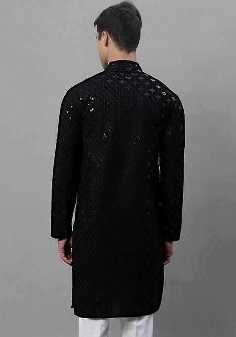 Black Embroidered Rayon Kurta For Men