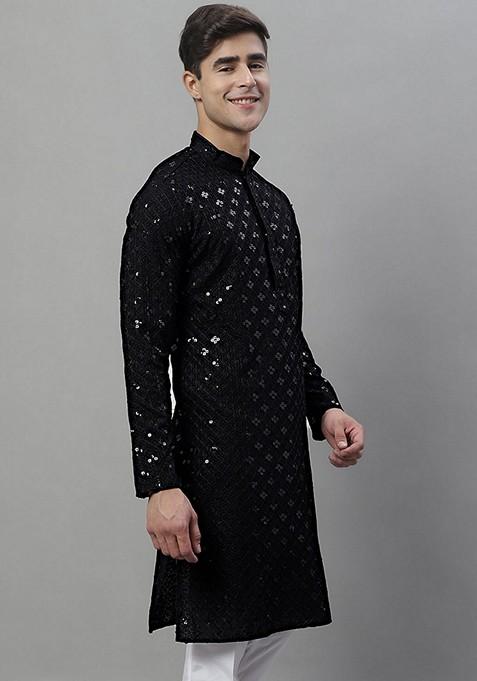 Black Embroidered Rayon Kurta For Men