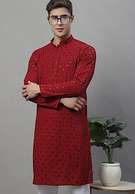Maroon Embroidered Rayon Kurta For Men