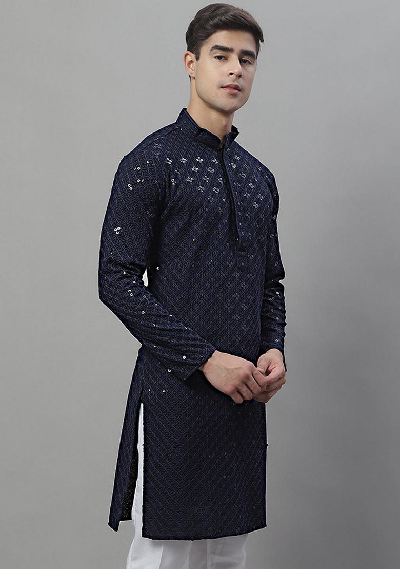 Navy Blue Embroidered Rayon Kurta For Men - Indya