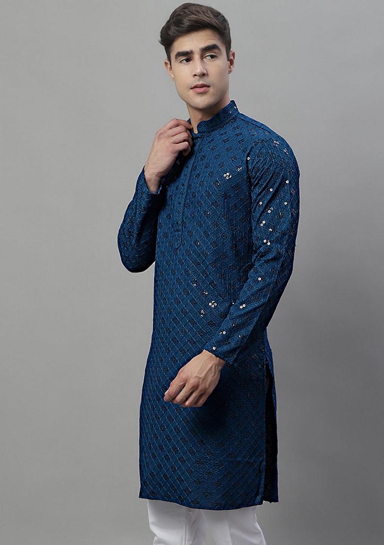 Blue Embroidered Rayon Kurta For Men - Indya