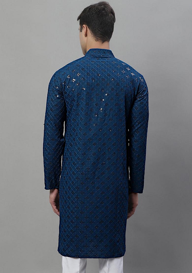Blue Embroidered Rayon Kurta For Men