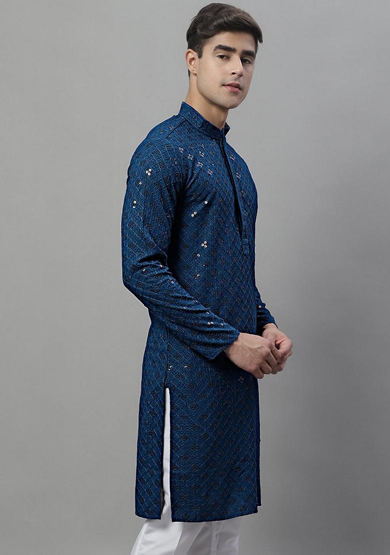 Blue Embroidered Rayon Kurta For Men - Indya