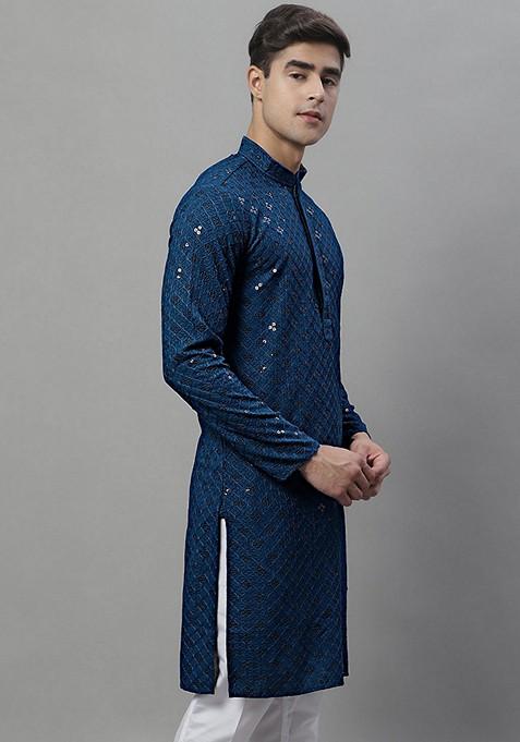 Blue Embroidered Rayon Kurta For Men