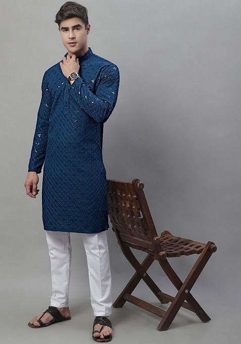 Blue Embroidered Rayon Kurta For Men