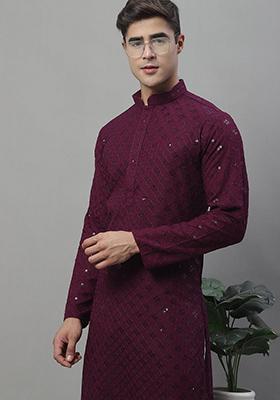 Purple Embroidered Rayon Kurta For Men
