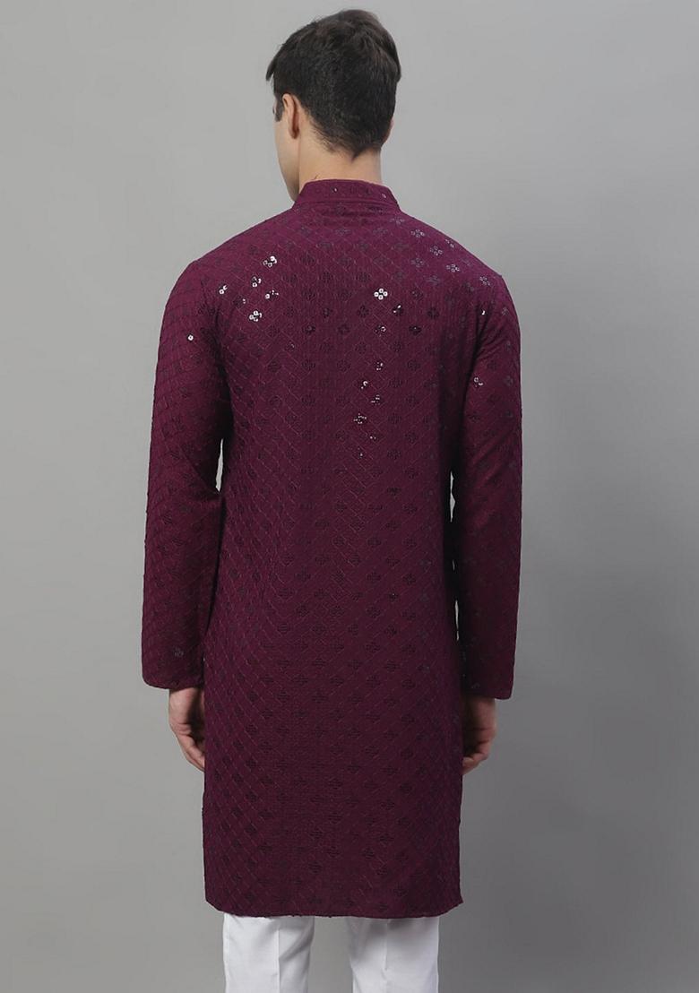 Purple Embroidered Rayon Kurta For Men