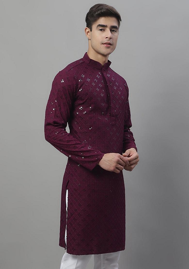 Purple Embroidered Rayon Kurta For Men