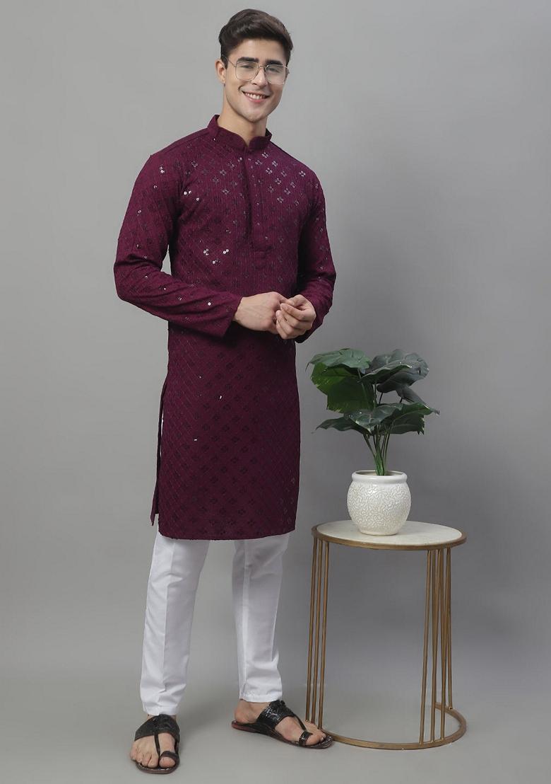 Purple Embroidered Rayon Kurta For Men