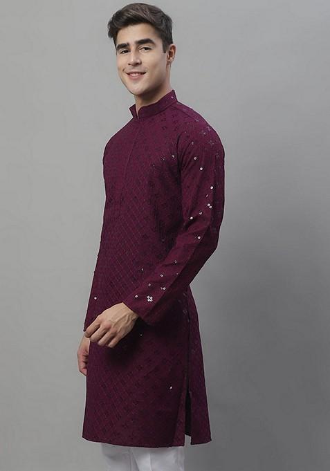 Purple Embroidered Rayon Kurta For Men