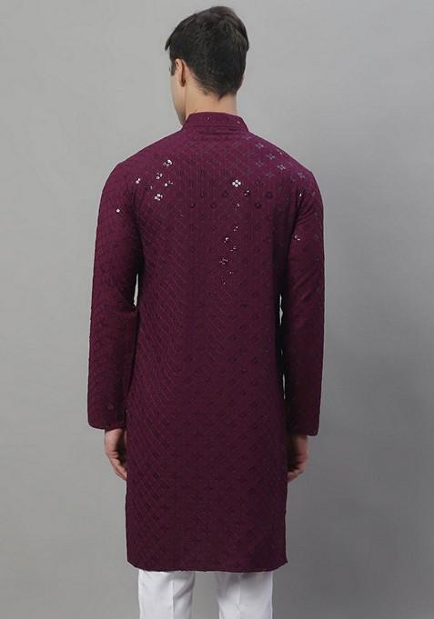 Purple Embroidered Rayon Kurta For Men