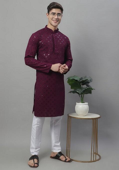 Purple Embroidered Rayon Kurta For Men