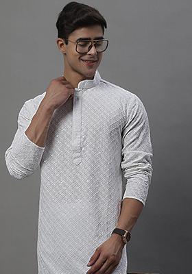 White Embroidered Rayon Kurta For Men