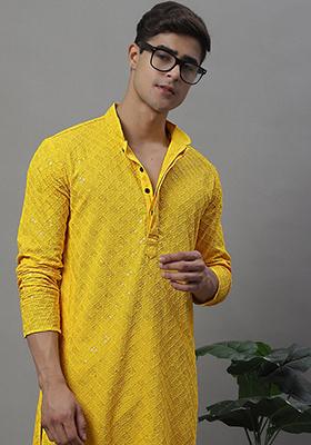 Yellow Embroidered Rayon Kurta For Men