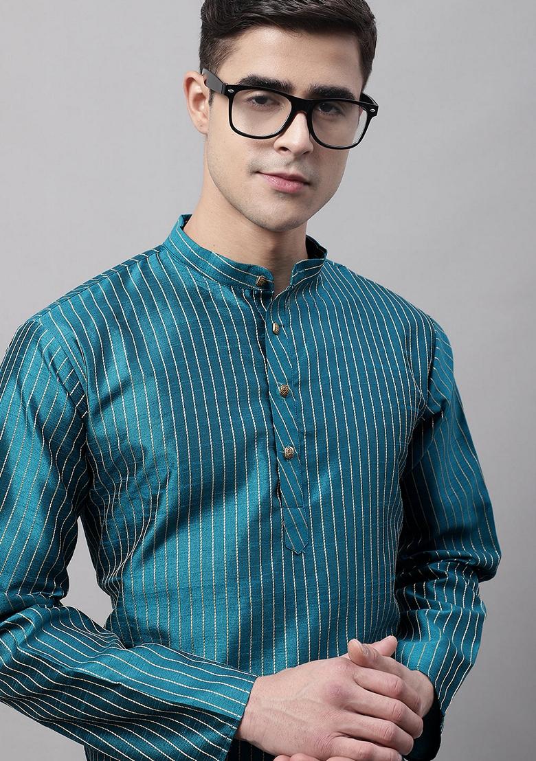 Teal Blue Cotton Kurta For Men
