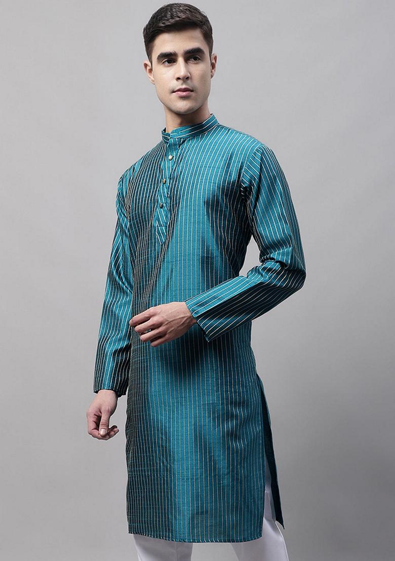 Teal Blue Cotton Kurta For Men