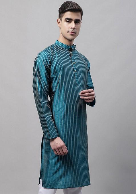 Teal Blue Cotton Kurta For Men