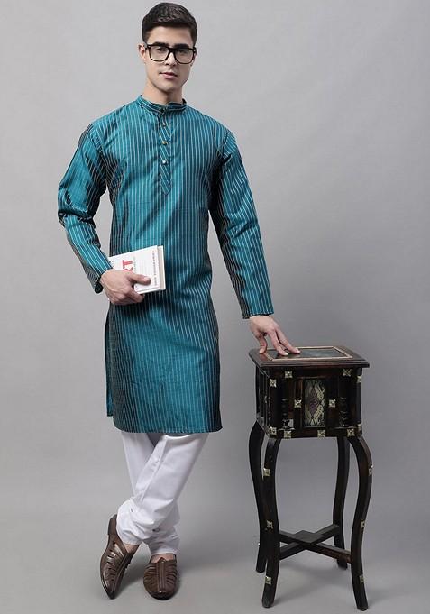 Teal Blue Cotton Kurta For Men