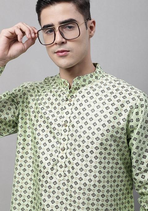 Pista Green Printed Silk Blend Kurta For Men