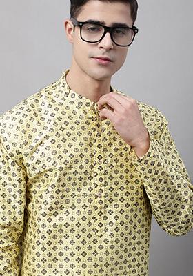 Yellow Printed Silk Blend Kurta For Men