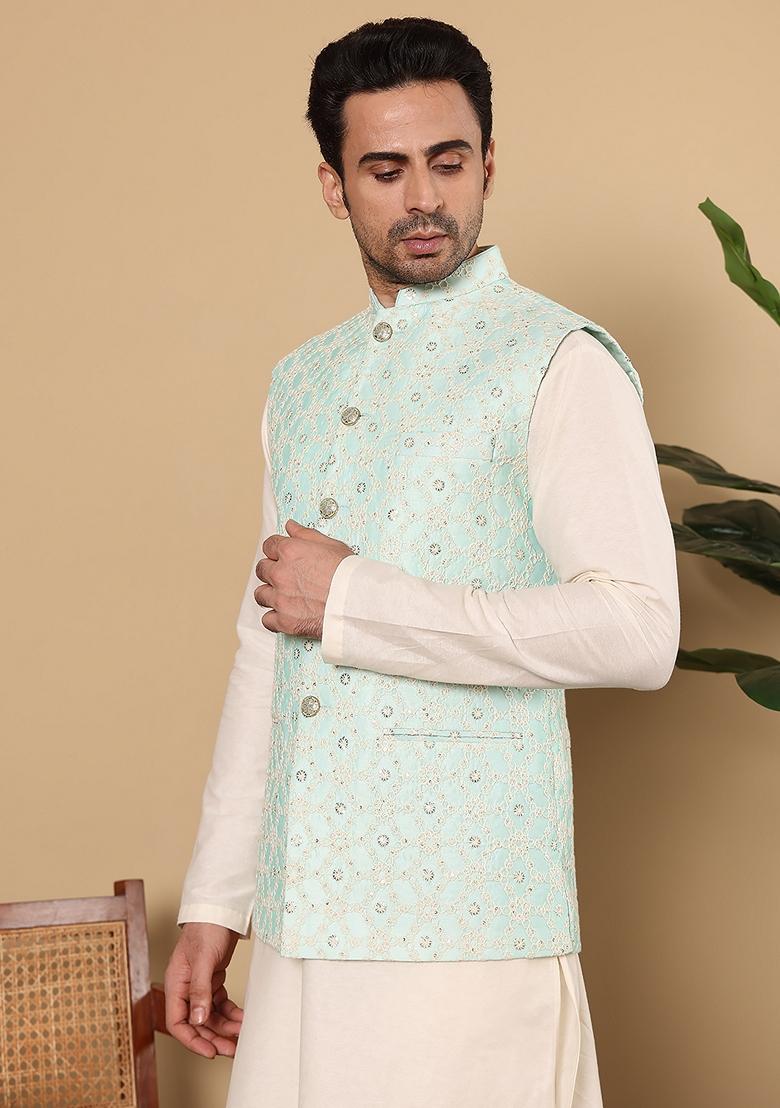 Sea Green Embellished Viscose Silk Nehru Jacket