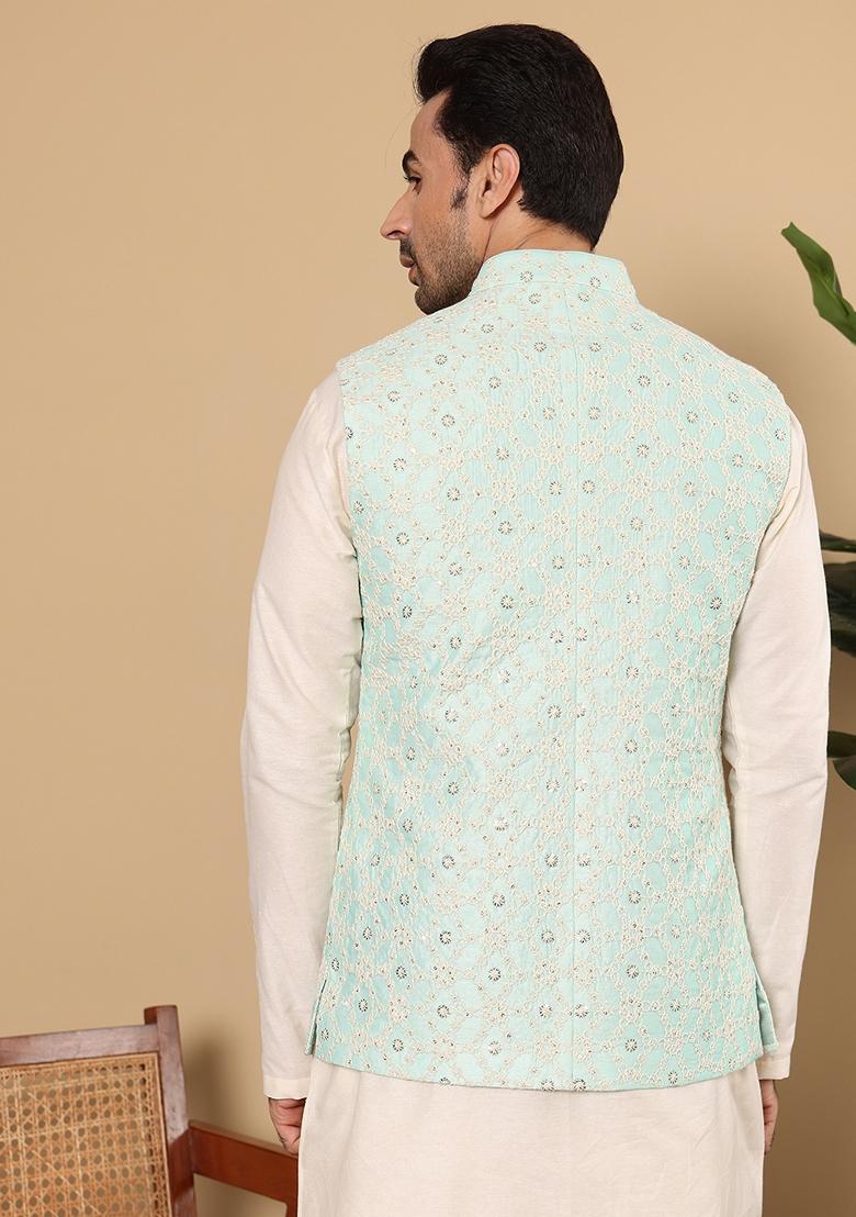 Sea Green Embellished Viscose Silk Nehru Jacket