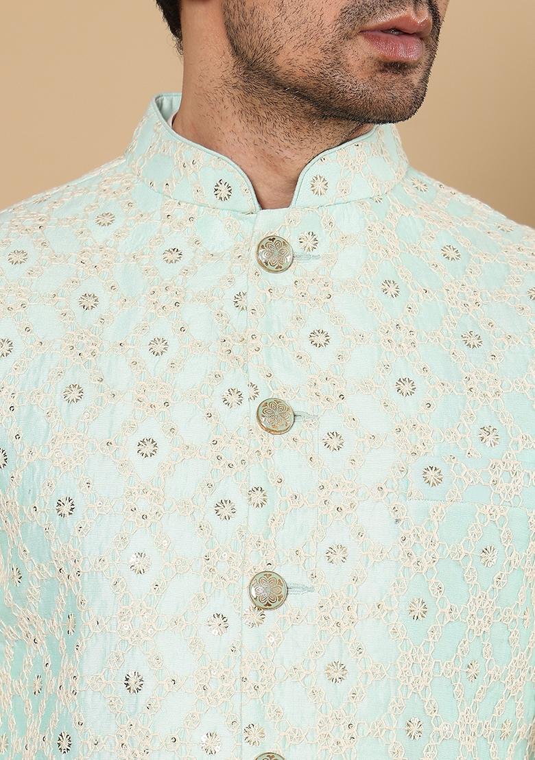 Sea Green Embellished Viscose Silk Nehru Jacket