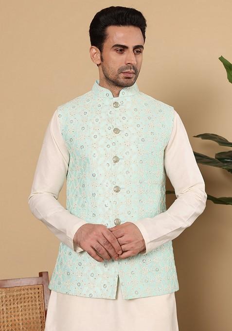 Sea Green Embellished Viscose Silk Nehru Jacket