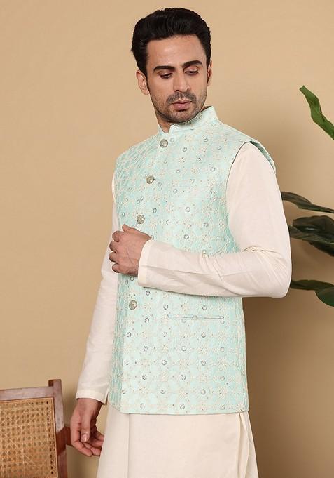 Sea Green Embellished Viscose Silk Nehru Jacket