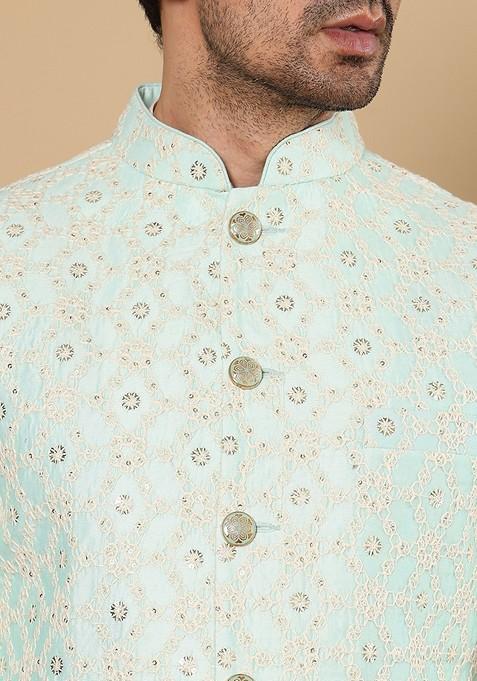 Sea Green Embellished Viscose Silk Nehru Jacket