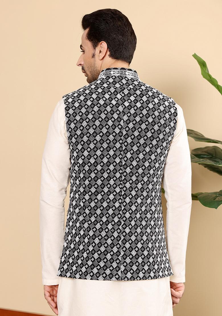Black Embellished Rayon Silk Nehru Jacket