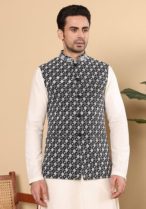 Black Embellished Rayon Silk Nehru Jacket