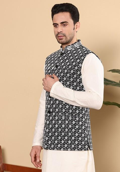 Black Embellished Rayon Silk Nehru Jacket
