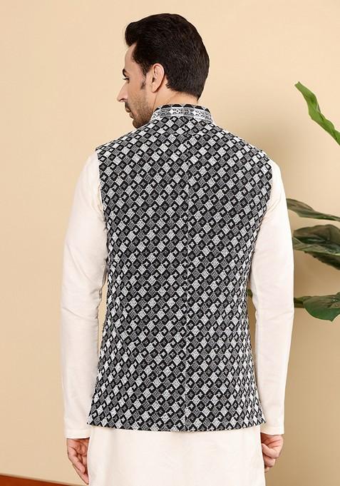 Black Embellished Rayon Silk Nehru Jacket