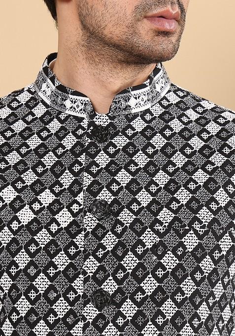 Black Embellished Rayon Silk Nehru Jacket