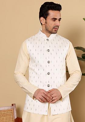 White Embellished Viscose Silk Nehru Jacket